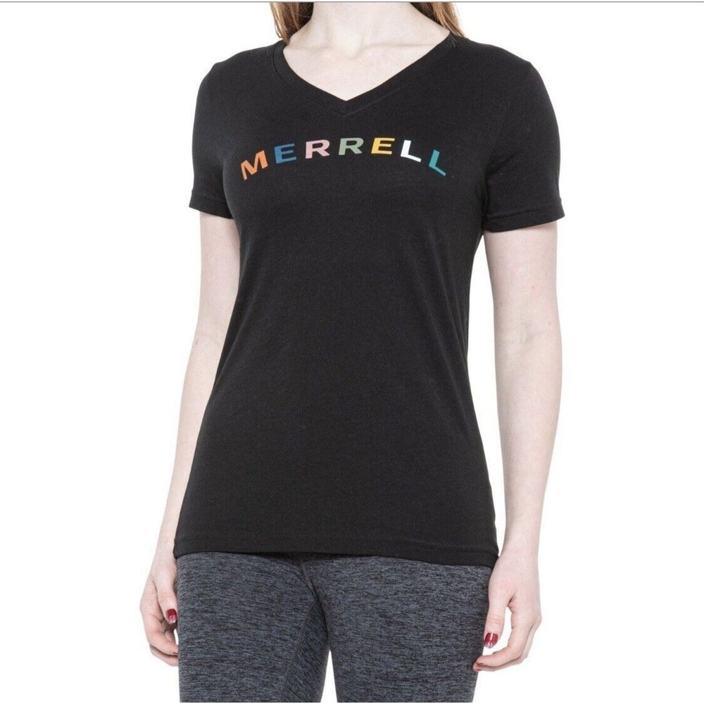 MERRELL Women's Arch Black Stonewash Short Sleeve V Neck T Shirt‎ Size XS New